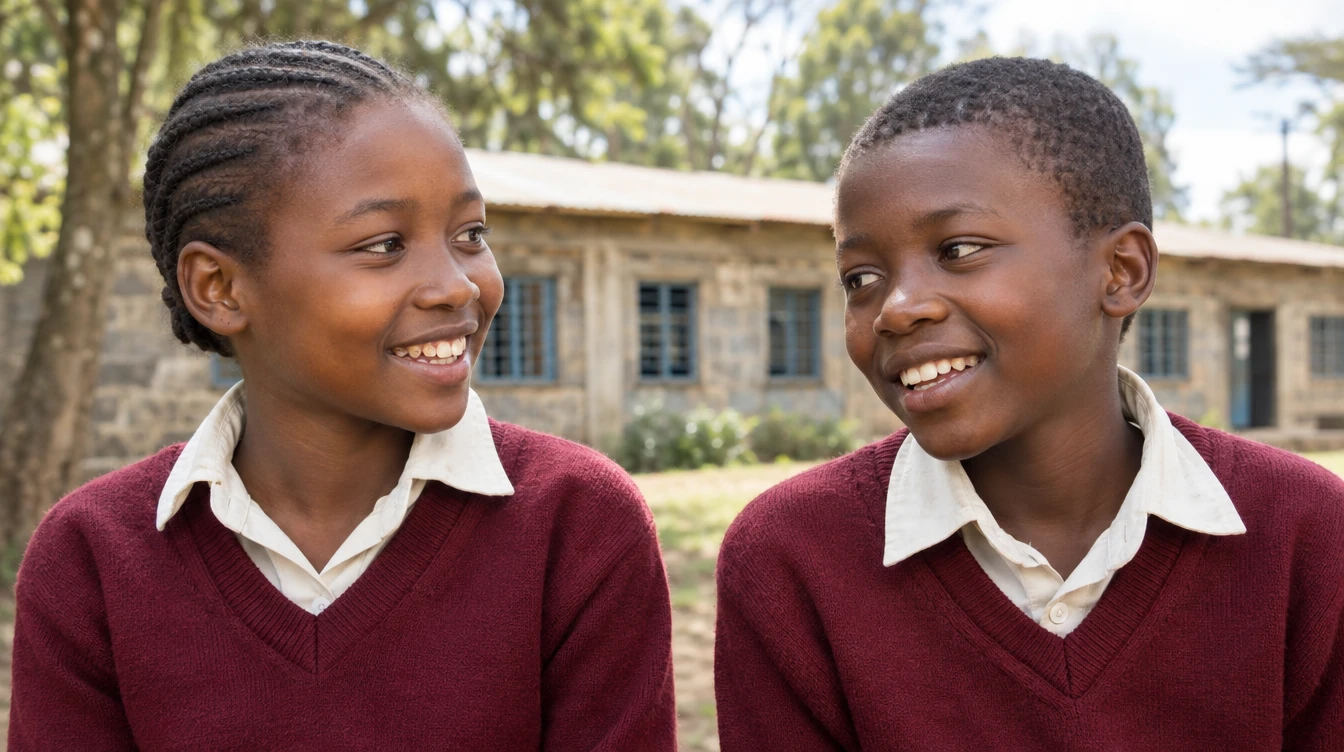 AI-generated illustrative scene of two Kenyan public-school friends chatting during a break, wearing burgundy uniforms.