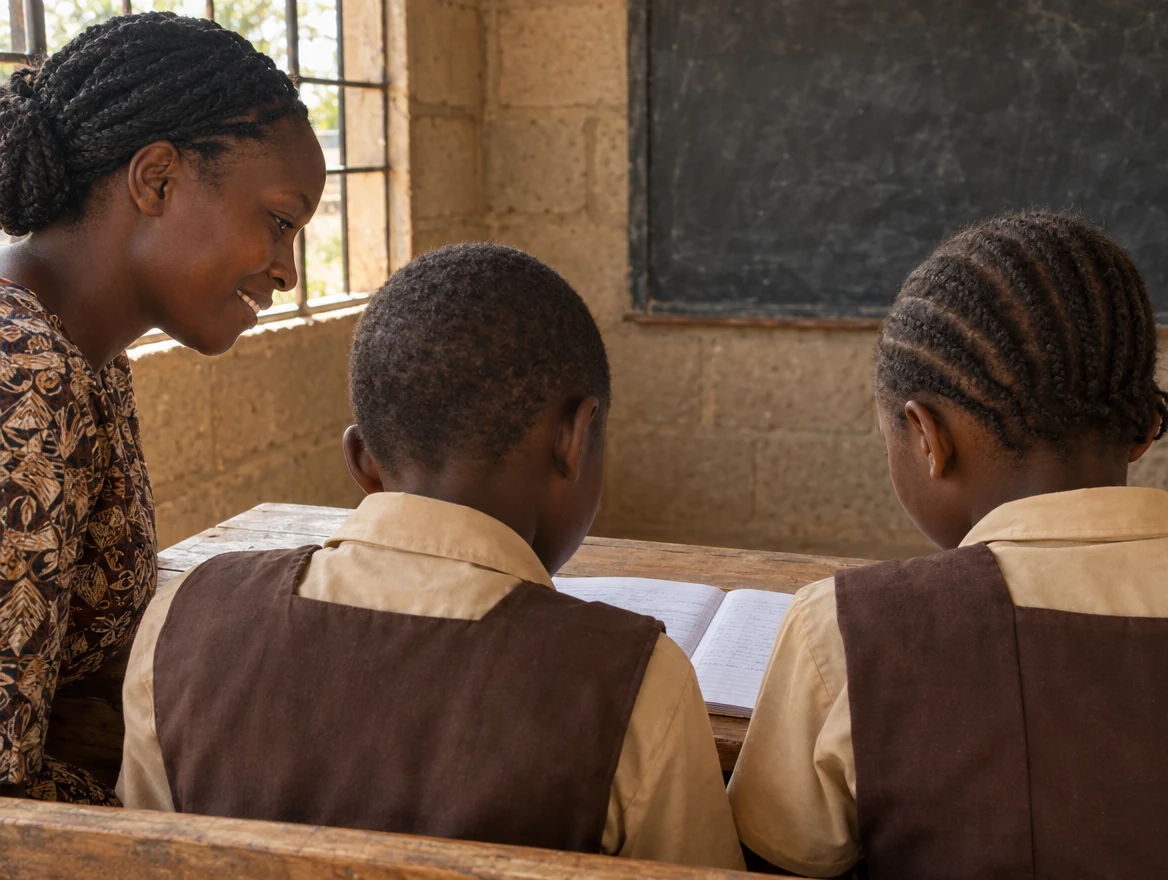 AI-generated illustrative scene of pupils in tan uniforms learning with their teacher in a Kenyan public-school classroom.